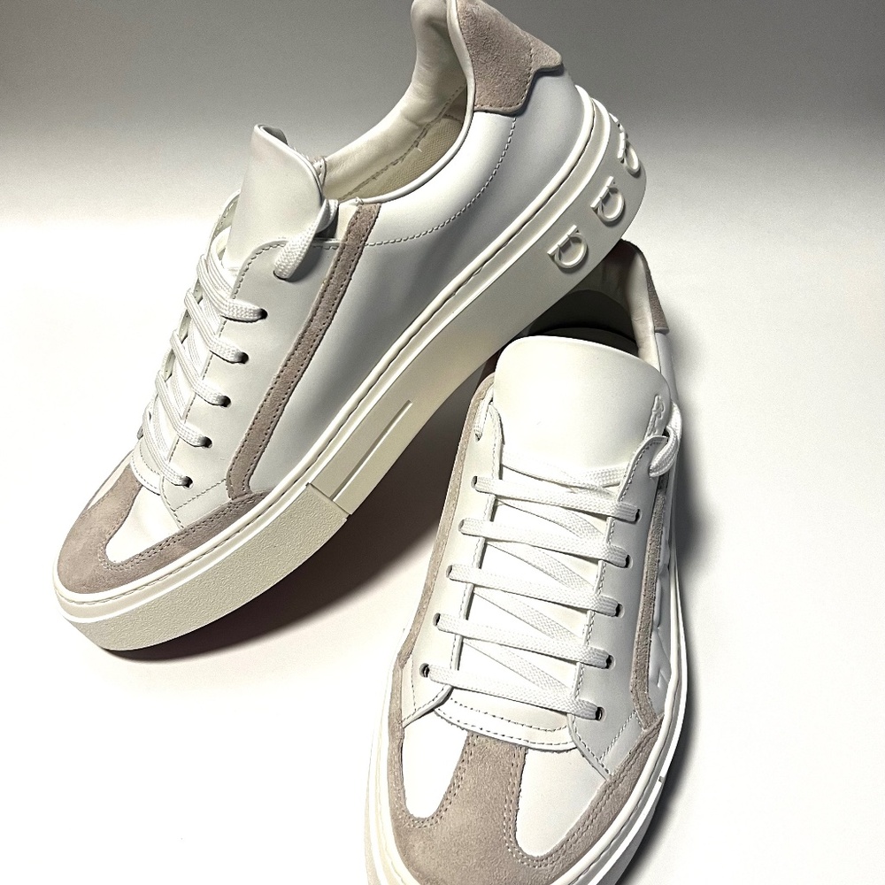 Salvatore Ferragamo White Leather Sneakers with Beige Suede Accents